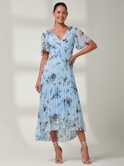 Jolie Moi Light Blue Floral Pleated Dip Hem Chiffon Maxi Dress - Image 5 of 6