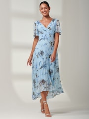 Jolie Moi Light Blue Floral Pleated Dip Hem Chiffon Maxi Dress - Image 6 of 6