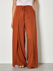 Apricot Orange Linen Blend Wrap Wide-Leg Trousers - Image 1 of 4