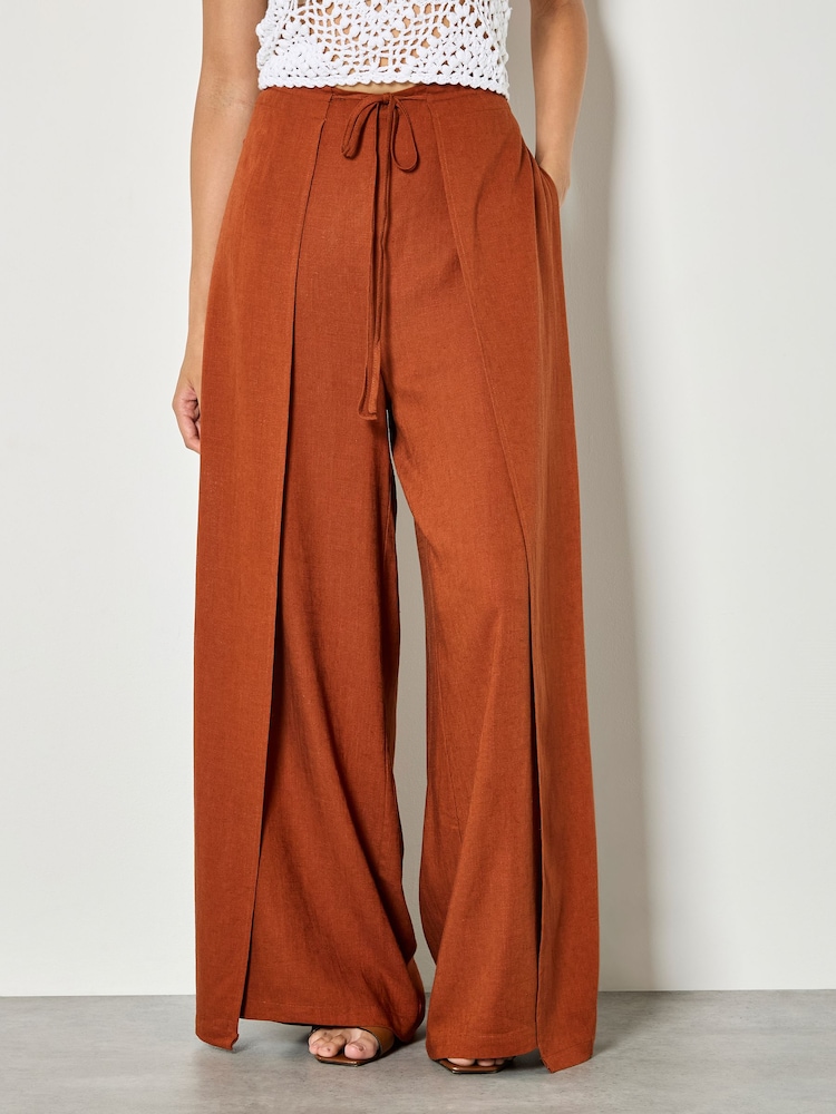 Apricot Orange Linen Blend Wrap Wide-Leg Trousers - Image 1 of 4