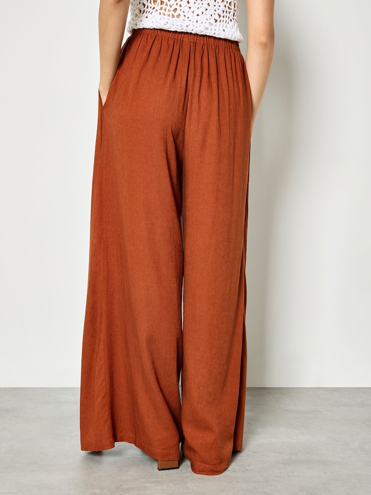 Apricot Orange Linen Blend Wrap Wide-Leg Trousers - Image 2 of 4