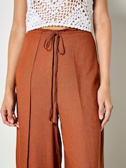 Apricot Orange Linen Blend Wrap Wide-Leg Trousers - Image 3 of 4