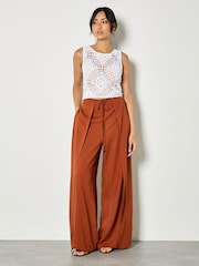 Apricot Orange Linen Blend Wrap Wide-Leg Trousers - Image 4 of 4