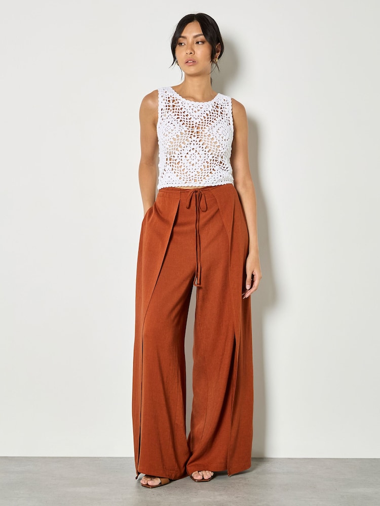 Apricot Orange Linen Blend Wrap Wide-Leg Trousers - Image 4 of 4