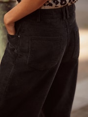 Black Washed Cord Wide Leg 100% Cotton Trousers - Image 4 of 7