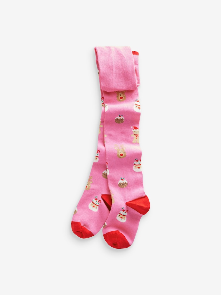Pink Cotton Rich Christmas Character Tights - Image 1 of 1