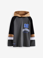 Charcoal Grey 100% Cotton Varsity Long Sleeve Hooded T-Shirt (3-16yrs) - Image 1 of 5