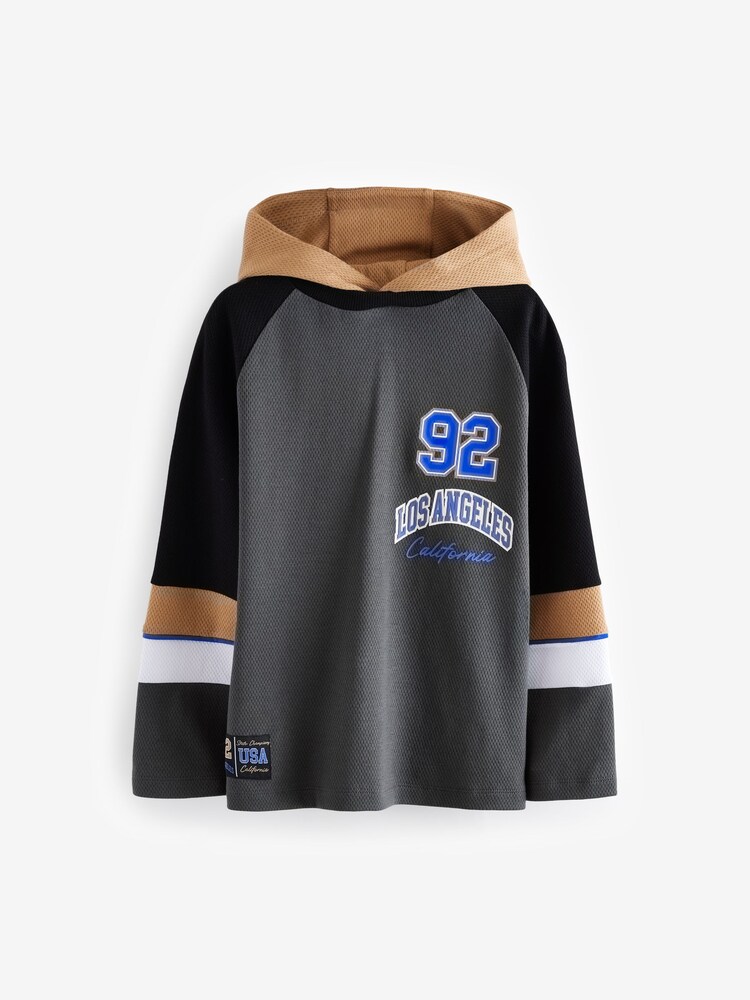 Charcoal Grey 100% Cotton Varsity Long Sleeve Hooded T-Shirt (3-16yrs) - Image 1 of 5