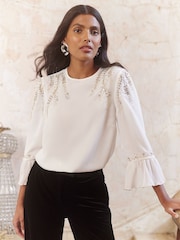 Love & Roses Ivory White Embellished Crew Neck Flute Sleeve Blouse - Image 1 of 4