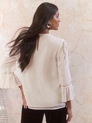 Love & Roses Ivory White Embellished Crew Neck Flute Sleeve Blouse - Image 4 of 4