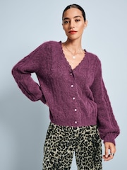 Bordo rdeča - Gem Button tekstured Čipke pletena pletena jopa z volno - Slika 1 iz 8