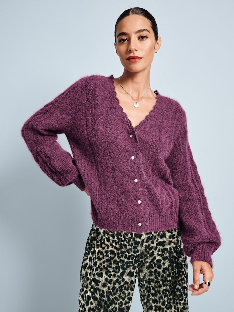 Bordo rdeča - Gem Button tekstured Čipke pletena pletena jopa z volno - Slika 1 iz 8 Bordo rdeča - Gem Button tekstured Čipke pletena pletena jopa z volno - Slika 1 iz 8