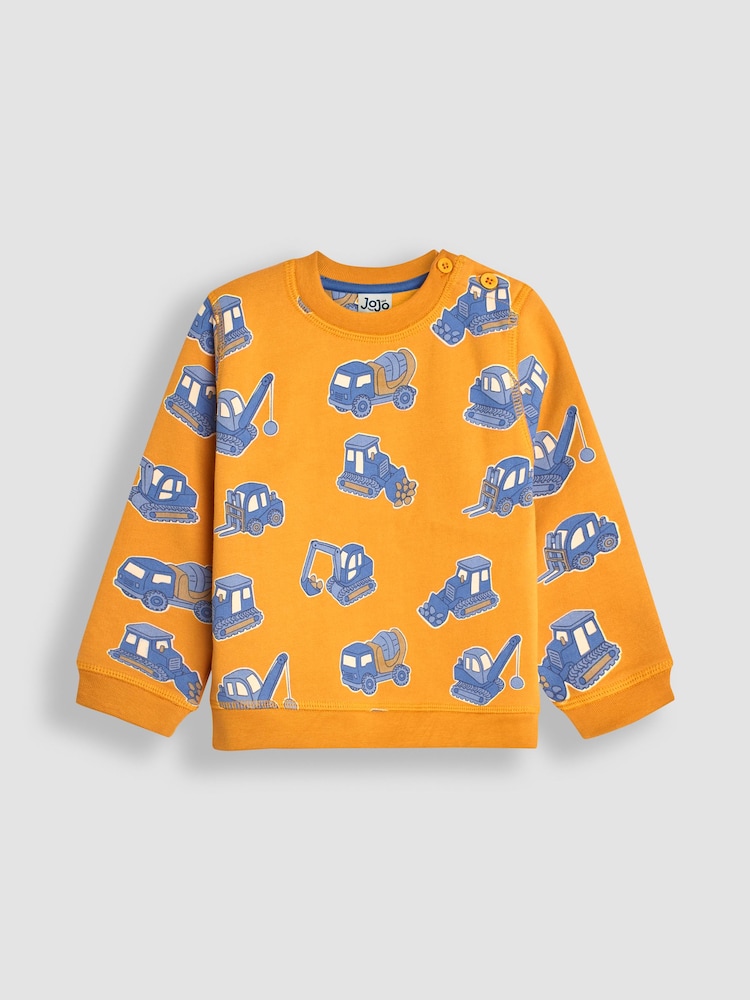 JoJo Maman Bébé Mustard Yellow & Blue Construction Vehicle Construction Vehicle Print Sweatshirt - Image 1 of 3