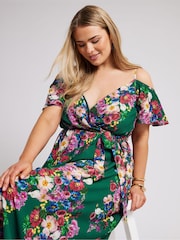 Yours Curve Green Floral Print Cold Shoulder Wrap Dress - Image 1 of 5