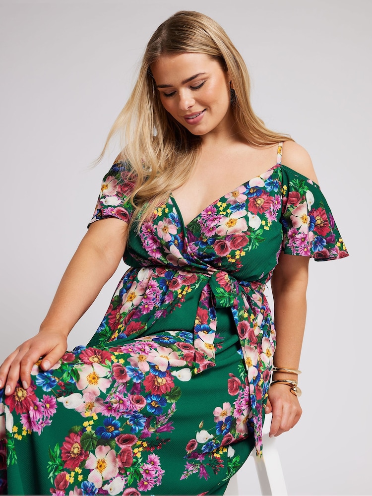 Yours Curve Green Floral Print Cold Shoulder Wrap Dress - Image 1 of 5