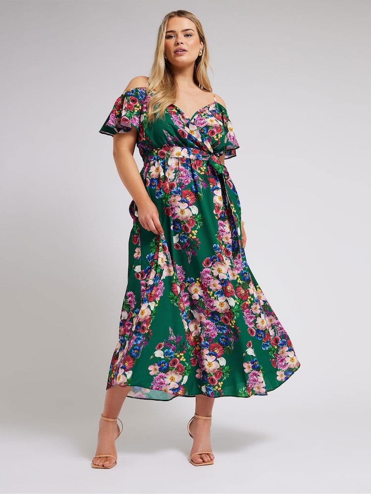 Yours Curve Green Floral Print Cold Shoulder Wrap Dress - Image 2 of 5