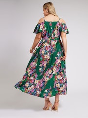 Yours Curve Green Floral Print Cold Shoulder Wrap Dress - Image 3 of 5