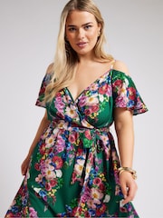 Yours Curve Green Floral Print Cold Shoulder Wrap Dress - Image 4 of 5