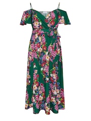 Yours Curve Green Floral Print Cold Shoulder Wrap Dress - Image 5 of 5