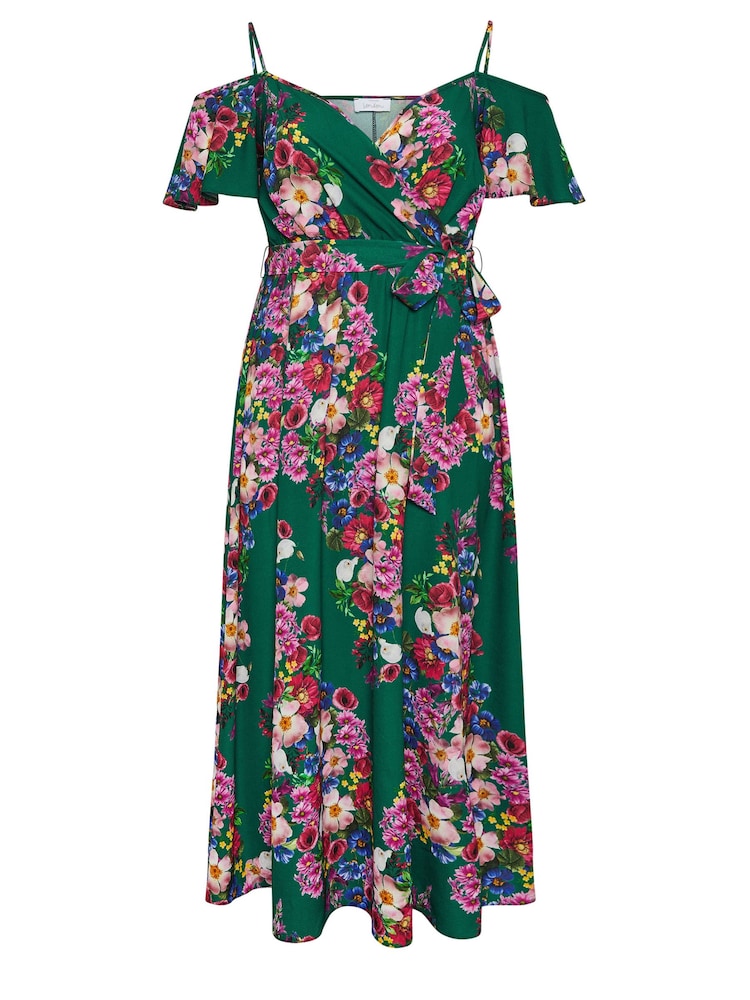 Yours Curve Green Floral Print Cold Shoulder Wrap Dress - Image 5 of 5