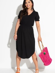 Pour Moi Black Jenny Puff Sleeve Jersey Midi Dress with Viscose - Image 1 of 4