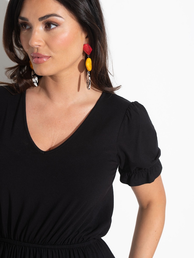 Pour Moi Black Jenny Puff Sleeve Jersey Midi Dress with Viscose - Image 2 of 4
