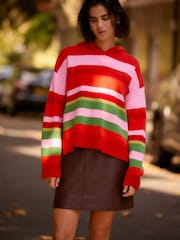 Red Pink Stripe Cosy Soft Touch Knitted Jumper Hoodie - Image 1 of 7