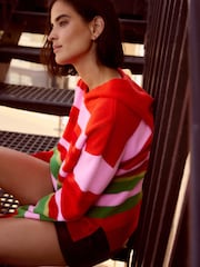 Red Pink Stripe Cosy Soft Touch Knitted Jumper Hoodie - Image 3 of 7