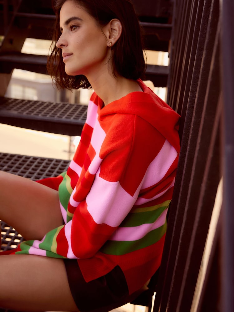 Red Pink Stripe Cosy Soft Touch Knitted Jumper Hoodie - Image 3 of 7