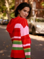 Red Pink Stripe Cosy Soft Touch Knitted Jumper Hoodie - Image 4 of 7