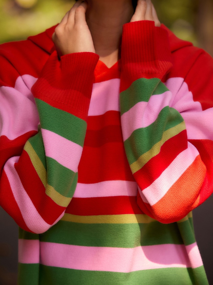 Red Pink Stripe Cosy Soft Touch Knitted Jumper Hoodie - Image 5 of 7