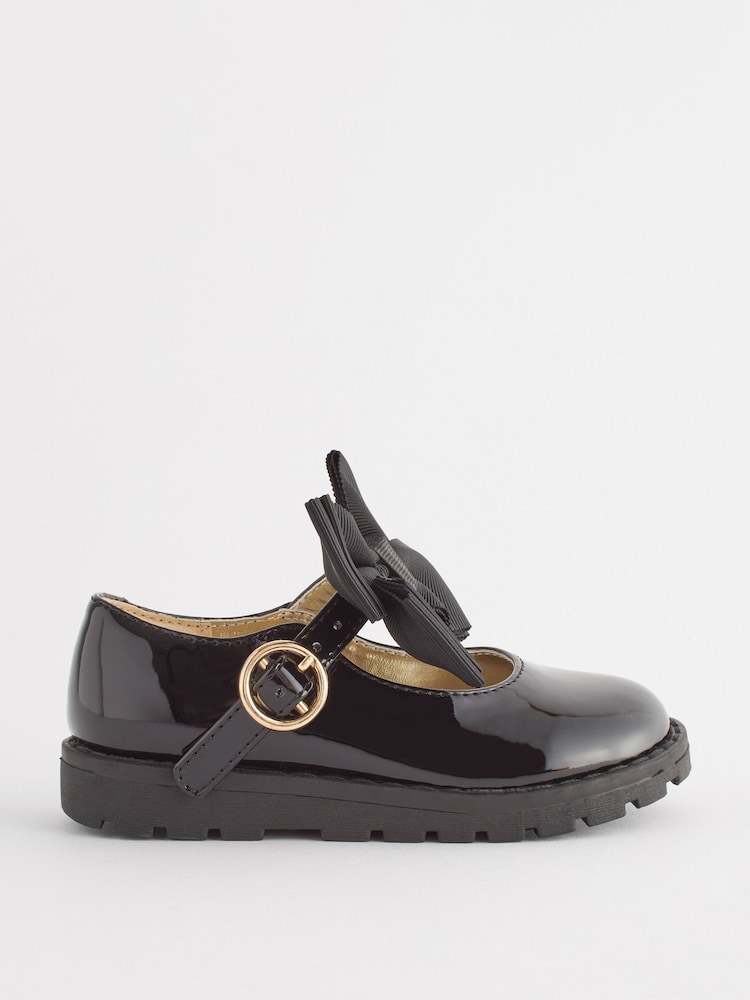 Black Wide Fit (G) Chunky Bow Mary Jane School Shoes - Image 2 of 6