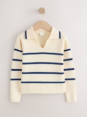 Cream Collar Stripe Full Sleeves with Zip Necked 100% Cotton Sweater - Image 1 of 1