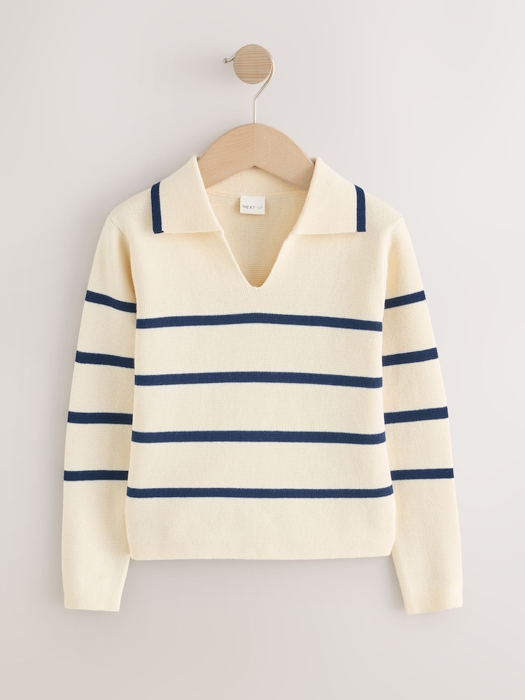 Cream Collar Stripe Full Sleeves with Zip Necked 100% Cotton Sweater - Image 1 of 1