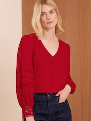 Love & Roses Red Lace Cuff V Neck Blouse - Image 1 of 4