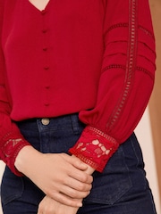 Love & Roses Red Lace Cuff V Neck Blouse - Image 2 of 4