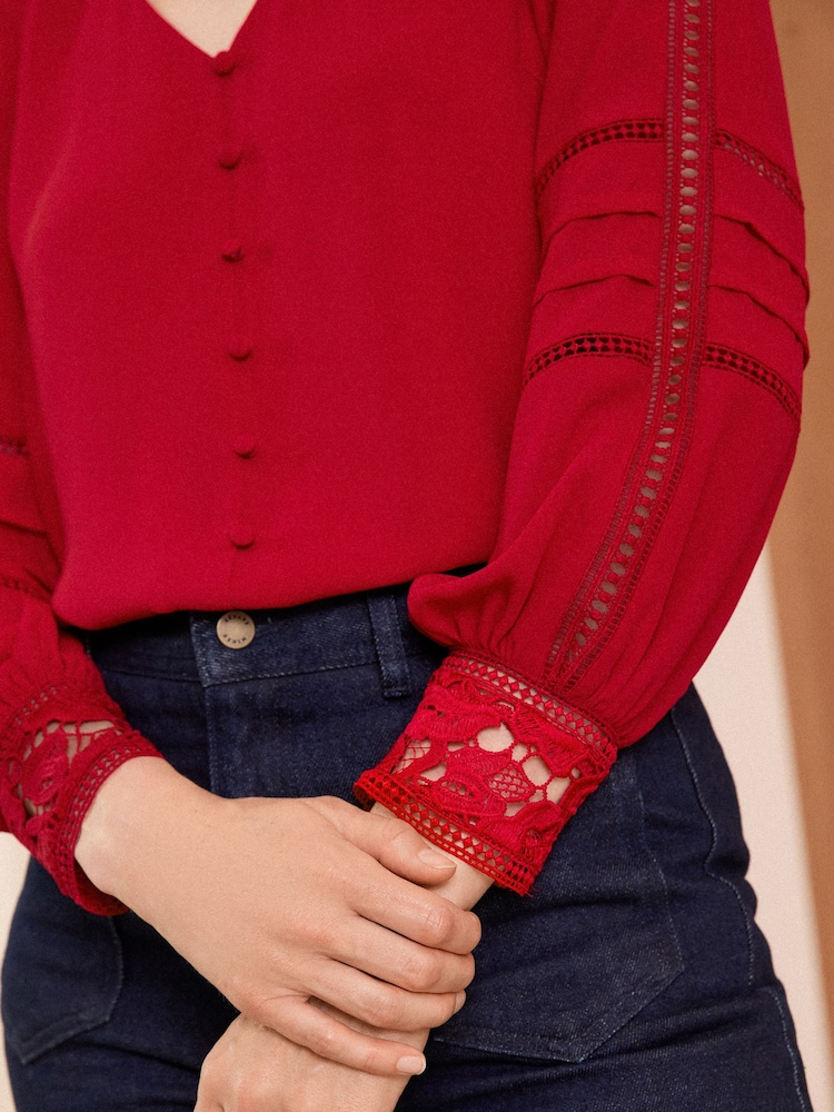 Love & Roses Red Lace Cuff V Neck Blouse - Image 2 of 4
