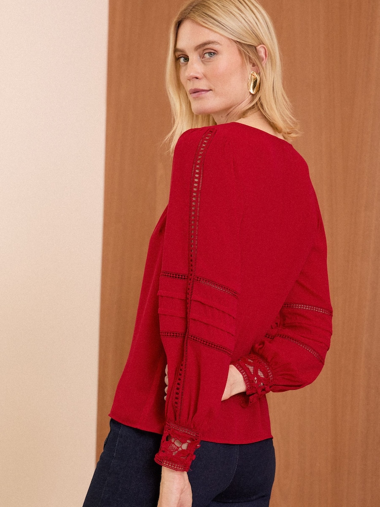 Love & Roses Red Lace Cuff V Neck Blouse - Image 4 of 4 Love & Roses Red Lace Cuff V Neck Blouse - Image 4 of 4