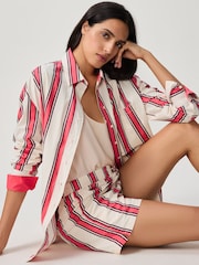 Red/Ecru Stripe Elasticated Waist 100% Cotton Shorts - Image 1 of 8