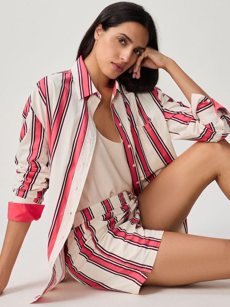 Red/Ecru Stripe Elasticated Waist 100% Cotton Shorts - Image 1 of 8