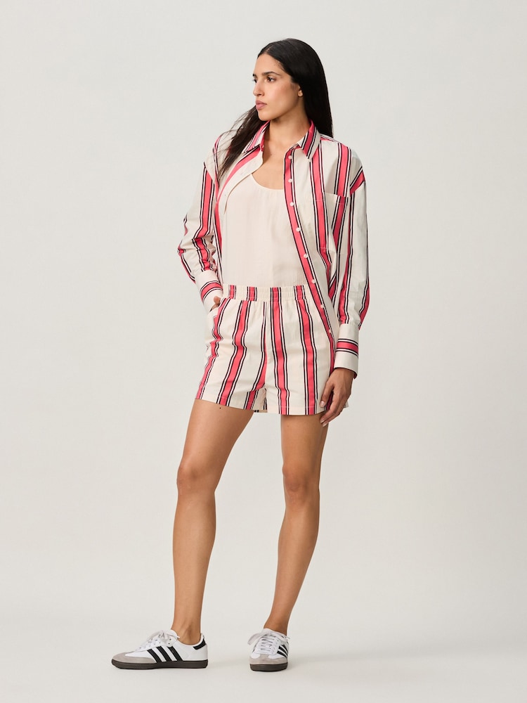 Red/Ecru Stripe Elasticated Waist 100% Cotton Shorts - Image 2 of 8