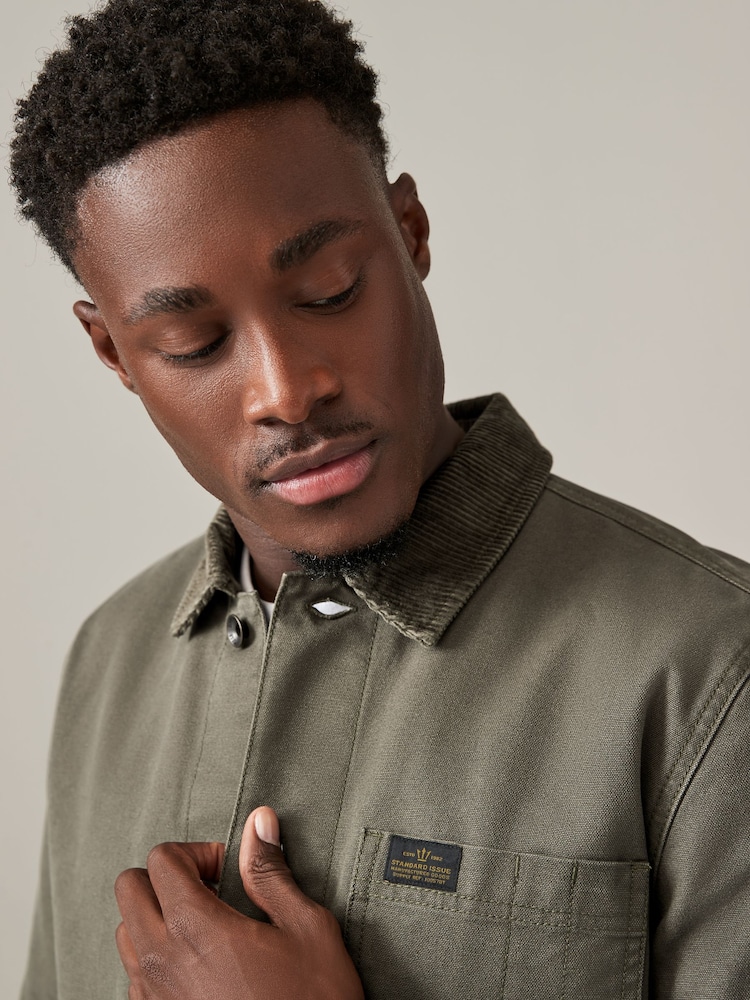 Khaki Green Canvas Chore 100% Cotton Jacket With Corduroy Collar - Image 4 of 10
