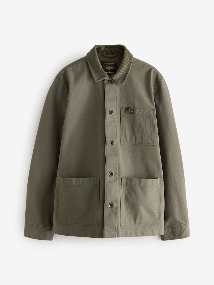 Khaki Green Canvas Chore 100% Cotton Jacket With Corduroy Collar - Image 6 of 10