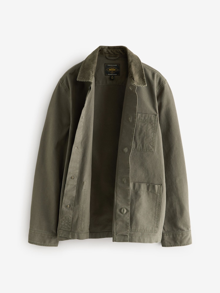 Khaki Green Canvas Chore 100% Cotton Jacket With Corduroy Collar - Image 7 of 10