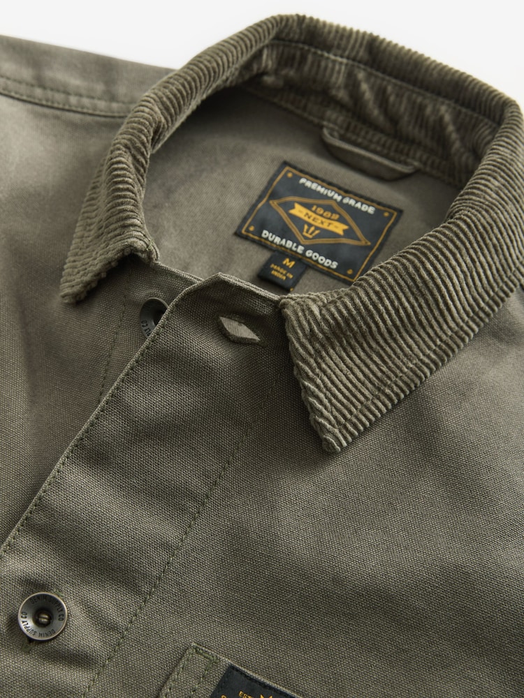 Khaki Green Canvas Chore 100% Cotton Jacket With Corduroy Collar - Image 8 of 10