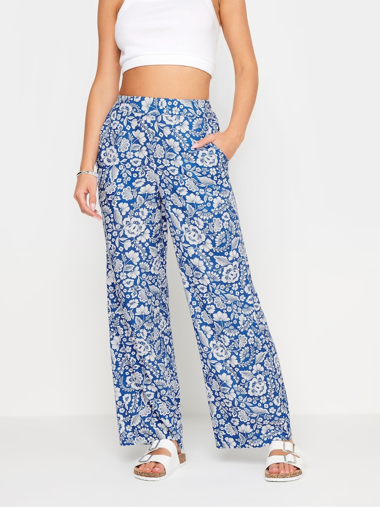 PixieGirl Petite Blue Floral Print Wide Leg 100% Cotton Trousers - Image 2 of 5 PixieGirl Petite Blue Floral Print Wide Leg 100% Cotton Trousers - Image 2 of 5
