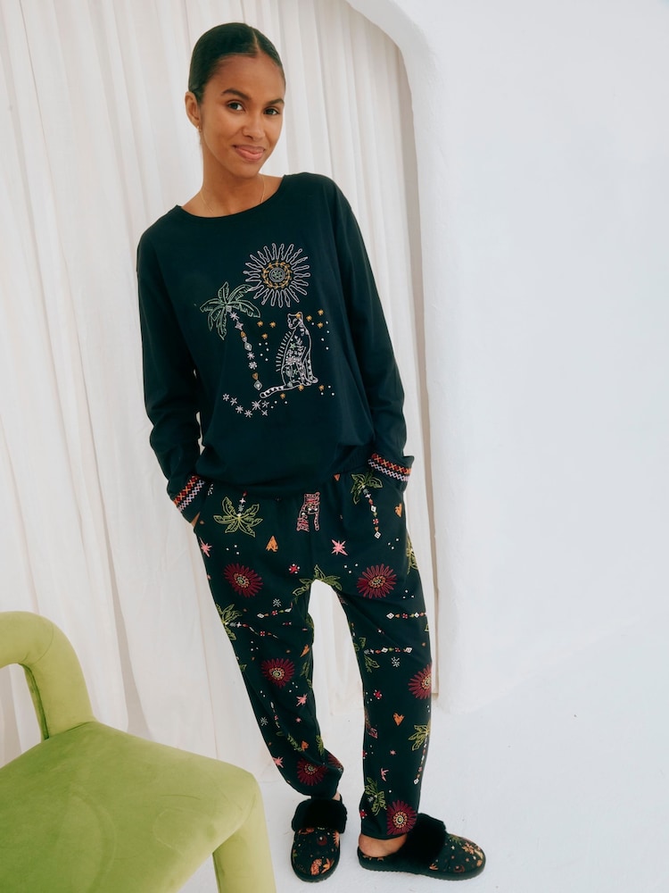 Never Fully Dressed Black 100% Cotton Embroidered Pyjamas Set - Image 1 of 4