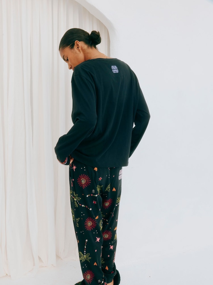 Never Fully Dressed Black 100% Cotton Embroidered Pyjamas Set - Image 2 of 4