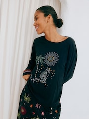 Never Fully Dressed Black 100% Cotton Embroidered Pyjamas Set - Image 3 of 4