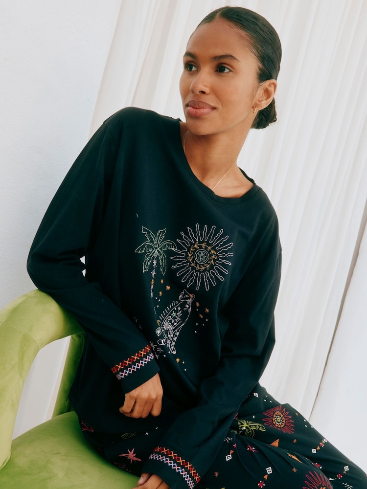 Never Fully Dressed Black 100% Cotton Embroidered Pyjamas Set - Image 4 of 4